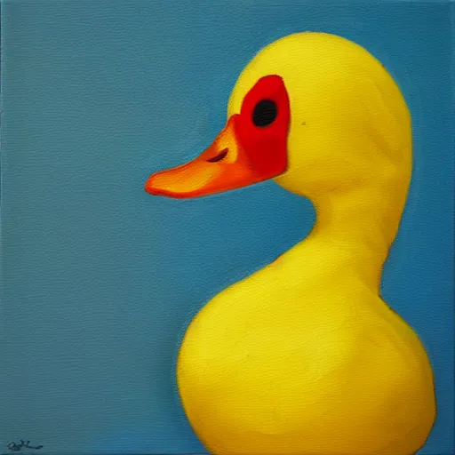 Prompt: yellow duck standing and holding a knife, oil painting