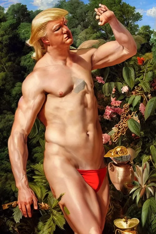 Image similar to muscular Donald Trump, in a Speedo, smoking marijuana, golden hour, in a garden, artstation, by J. C. Leyendecker and Peter Paul Rubens,