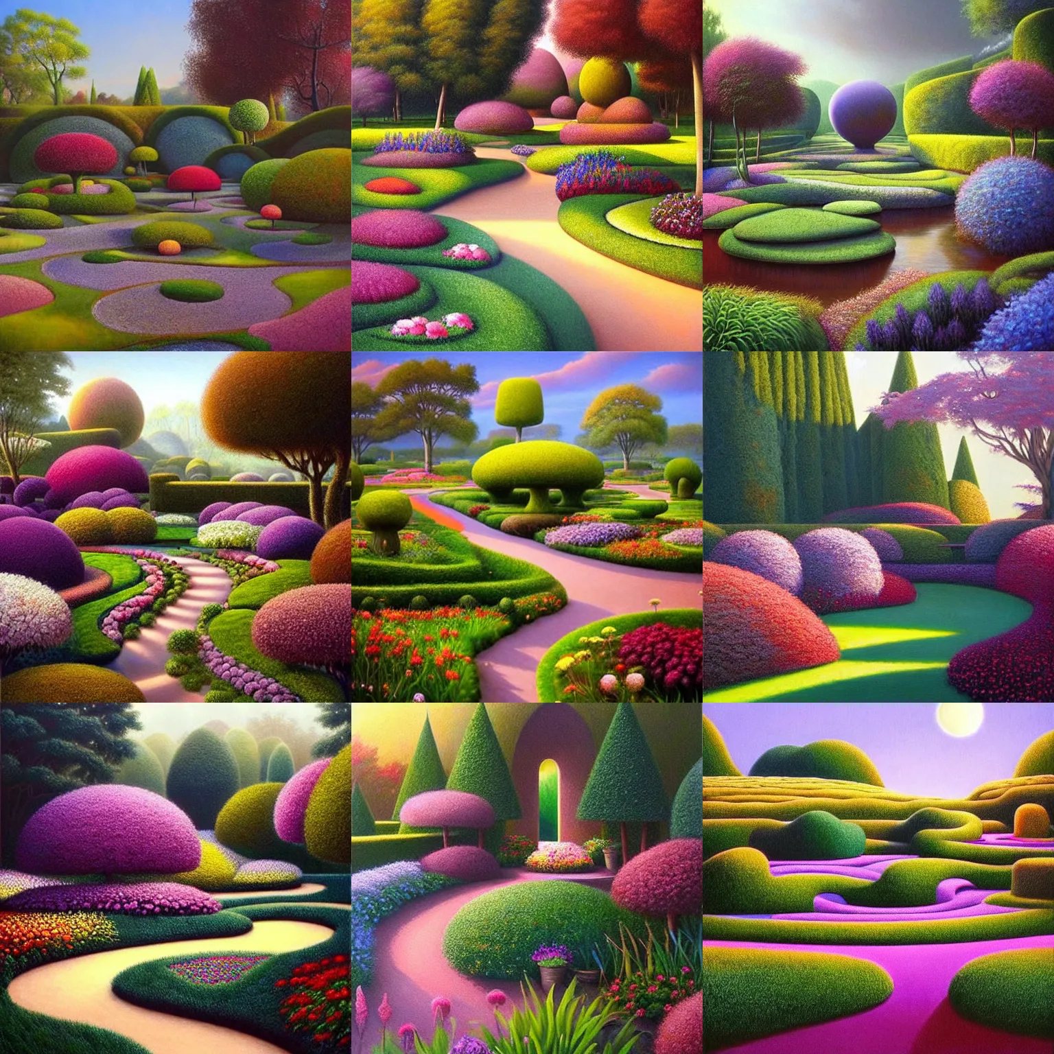 Prompt: a gorgeous, fantastic, magic garden landscape by michael kidd, ( ( moebius ) ), trending on artstation, artgerm, oil on canvas,!! muted color tones!!, darker,! low contrast!, desaturated colors