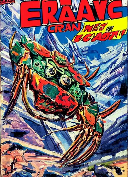 Image similar to comic book cover of a giant mechanical crab at the grand canyon by jack kirby!!! and simon bisley, epic, awesome bright color palette, hard contrast, black ink outlines