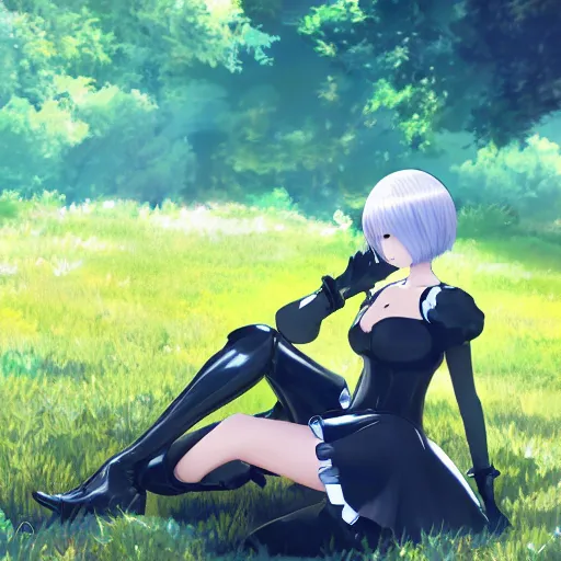 Prompt: beautiful anime scenery with 2B from the Nier Automata series sitting in the grass beautifully detailed face High-Res