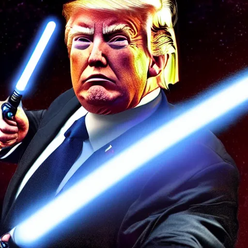 Image similar to donald trump wielding a lightsaber, dynamic lighting, highly detailed