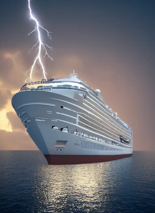 Image similar to silver cruise ship struck by lightning unreal 5, DAZ, hyperrealistic, octane render, dynamic lighting