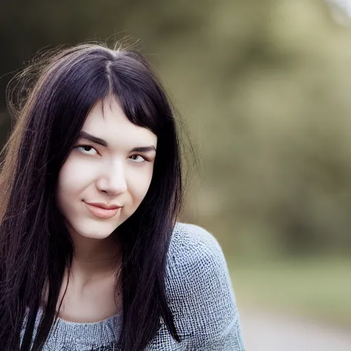 Prompt: young woman with shoulder - length messy black hair, slightly smiling, ef 8 5 mm f 1. 8 usm,