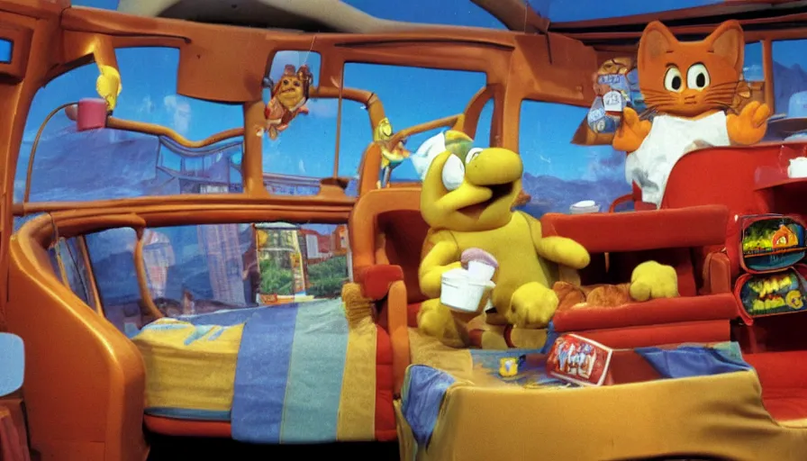 Prompt: 1990s photo of inside the Garfield's Wild Dream ride at Universal Studios in Orlando, Florida, riding a box with a blanket, with Garfield the cartoon cat, through a living room filled lasagna, coffee cups, and lava lamps, cinematic, UHD