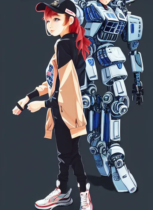 Prompt: a beautiful young woman wearing a baseball hat and bomber jacket, standing next to a giant japanese mecha!!!!!!, anime graphic illustration, aesthetic, gorgeous, stunning, alluring, trending on artstation, digital art, art by shinji aramaki, kawacy.