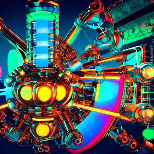 Prompt: album art, the album is called tripmachine,, a huge futuristic steampunk machine made of music instruments, 8 k, fluorescent colors, halluzinogenic, multicolored, blue neon accents, exaggerated detailed, front shot, 3 d render, octane