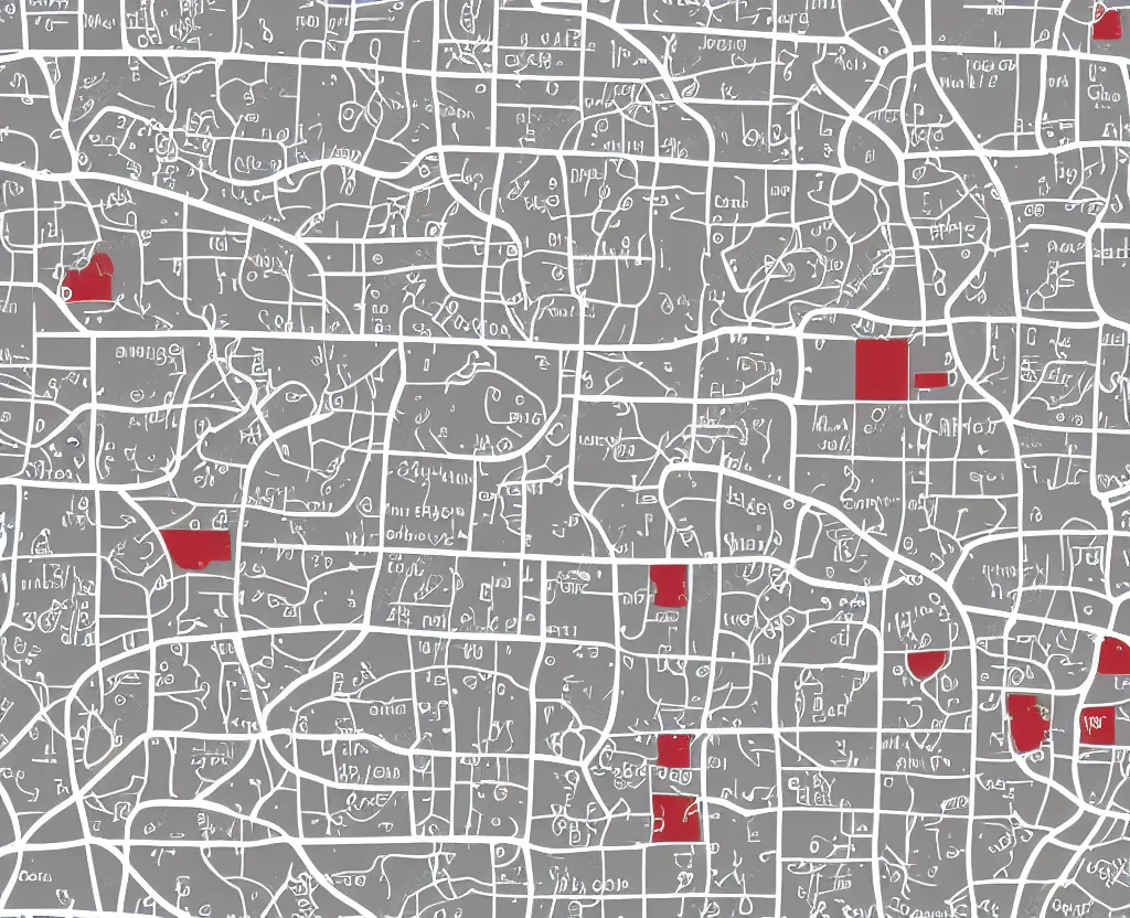 Prompt: Muted White on Grey Vector map of a little town with numerous tiny red bench icons marked, vector graphics, highly detailed