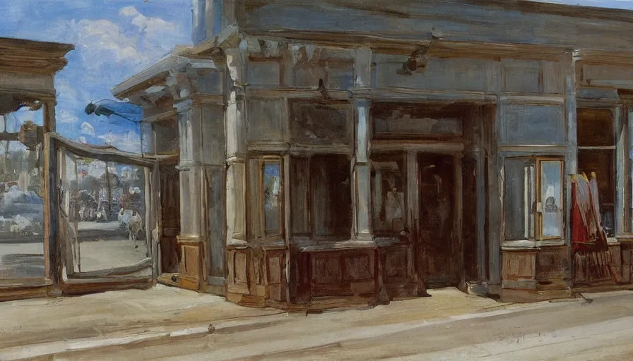 Image similar to artwork painting of the storefront front of a building by eugene von guerard, ivan shishkin, john singer sargent