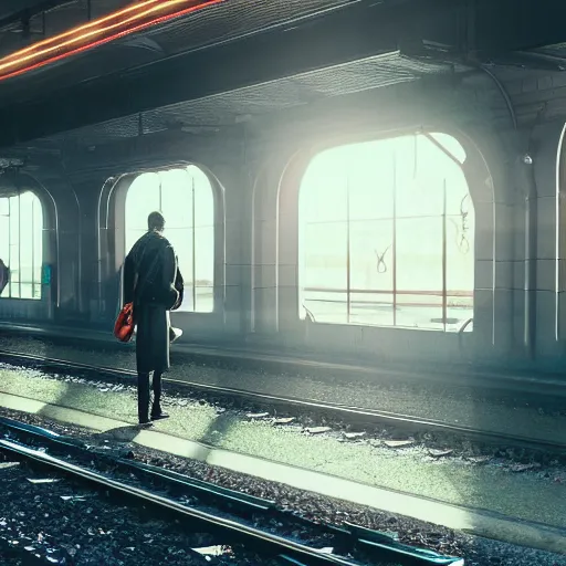 Prompt: photo of cyborg waiting for a train, 1970, soft light, morning light, photorealistic, realistic, octane, 8k, cinematic shot