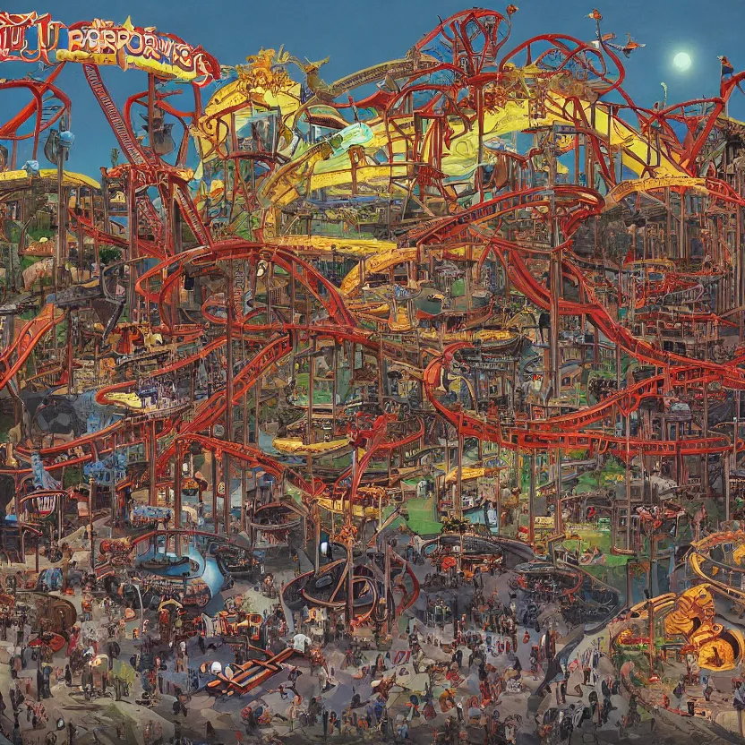 Image similar to a theme park by tim jacobus, pulp horror art.