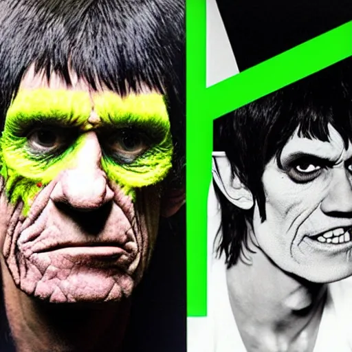 Prompt: Murdoc is based on Keith Richards of The Rolling Stones.sickly green colored skin, and yellow colored eyes, with a red pupil in his right eye. He also has a misshapen nose and sharp yellow teeth and a large grin. He has a black mop top that covers a portion of his face and hides his eyebrows, wearing a grey or black sweater and grey or blue jeans with cuban heel boots and an inverted cross necklace. He sometimes wears a purple and red cape