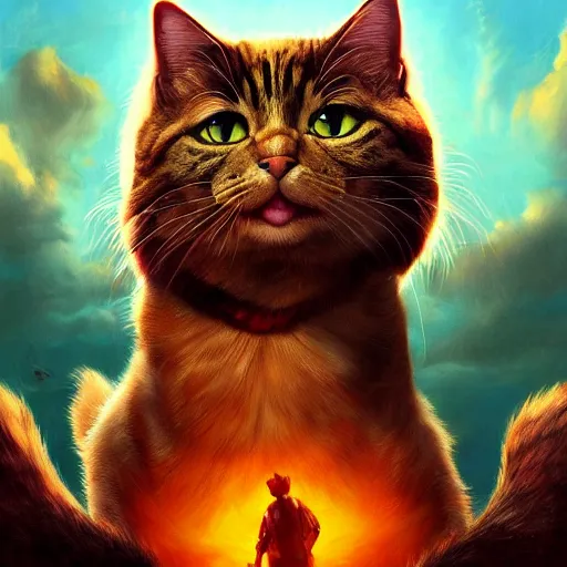 Image similar to a movie poster about cat save the world, oil painting, artstation, cinematic, highly detailed, 4 k, by artgerm