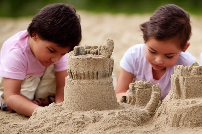 Prompt: two kittens touching a sand castle with two children