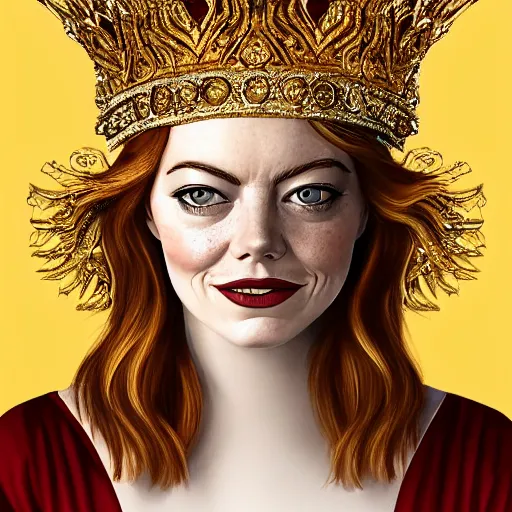 Prompt: A portrait of Emma Stone wearing a golden Arabian crown , royality, high quality, fully detailed, 4k