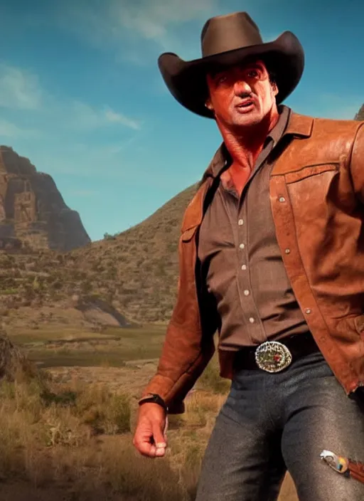 Image similar to an film still of sylvester stallone as cowboy with beard, western background, unreal engine. amazing likeness. very detailed.