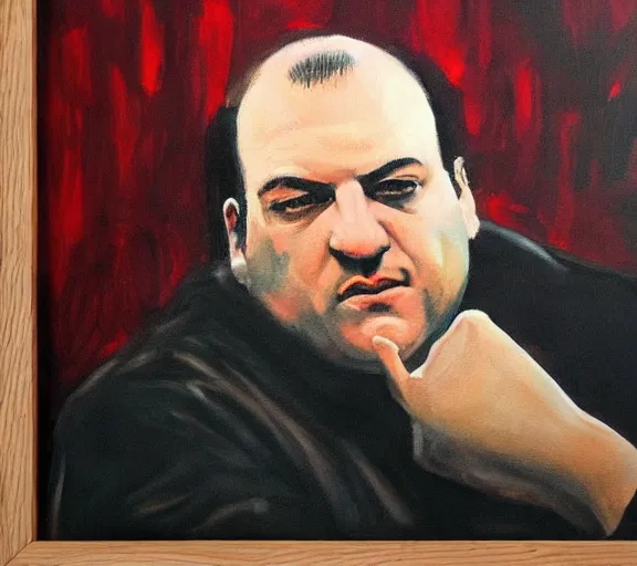 Prompt: framed portrait painting of tony soprano sitting at a mafia table