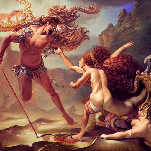 Prompt: detailed illustration of perseus vs medusa, hyper detailed, realistic, oil painting, artwork by asher brown durand, cinematic lighting