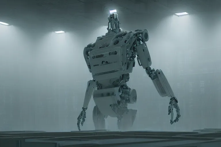 Image similar to extremely detailed cinematic movie still 3 0 7 7 foggy portrait shot of a robot in an endless data centre by denis villeneuve, wayne barlowe, simon birch, philippe druillet, beeple, bright volumetric sunlight from small windows, rich moody colors