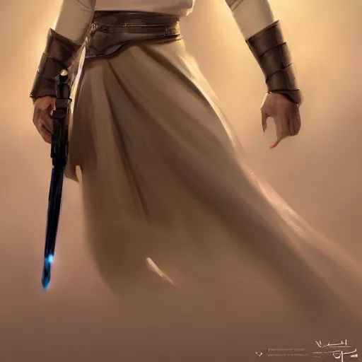 Image similar to a young blonde male jedi with short hair looking away at a threat full body shot concept art by Doug Chiang cinematic concept art, realistic painting, high definition, digital art, matte painting, symmetrical, very detailed, realistic, dramatic lighting, cinematic, establishing shot, extremely high detail, photo realistic, cinematic lighting, post processed, concept art, artstation, matte painting, red color scheme