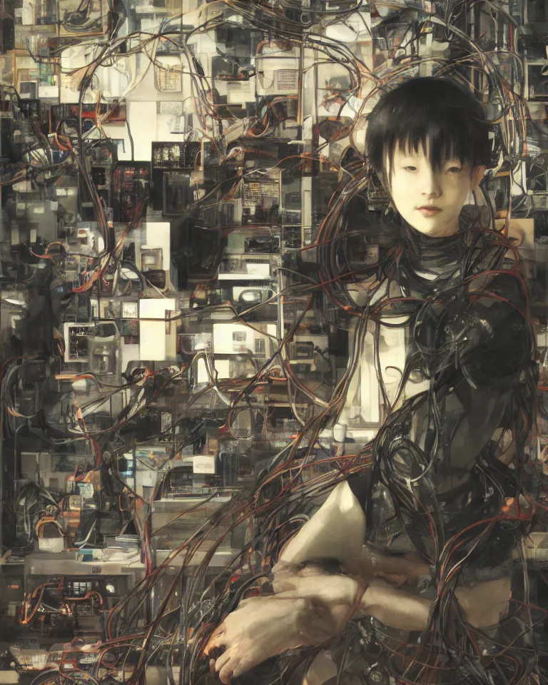 Image similar to portrait of lain iwakura, background room full of cables and computers by yoshitoshi abe, ruan jia and joao ruas. atmospheric