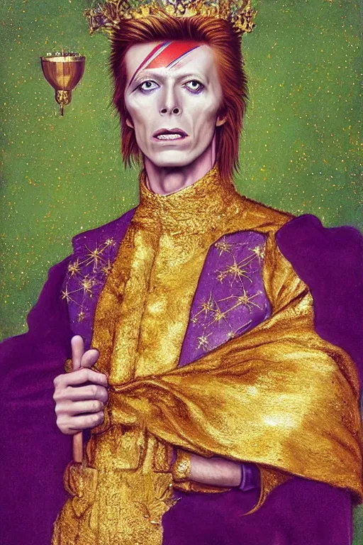 Prompt: “A majestic portrait of David Bowie with a crown sitting in a gold throne,johannes voss,titian, Tom Bagshaw, Sam Spratt, maxfield parrish, gustav klimt , cinematic, hyper realism, high detail, 8k, intricate, gold green and purple colors”