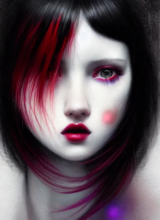 Image similar to portrait of teenage girl, red irises, red eyes, black hair, black and white hair, white bangs, purple clothes, white bangs, bangs, black hair and white bangs, intricate, elegant, glowing lights, highly detailed, digital painting, artstation, concept art, smooth, sharp focus, illustration, art by wlop, mars ravelo and greg rutkowski