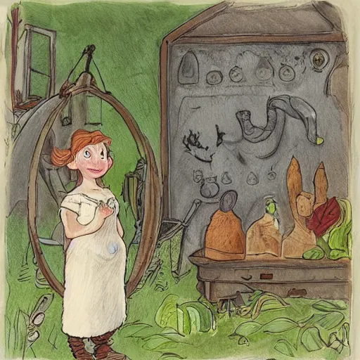 Image similar to the blacksmits’ daughter, working in the forge, a smile at her face, fantasy art in the style of Elsa Beskow,