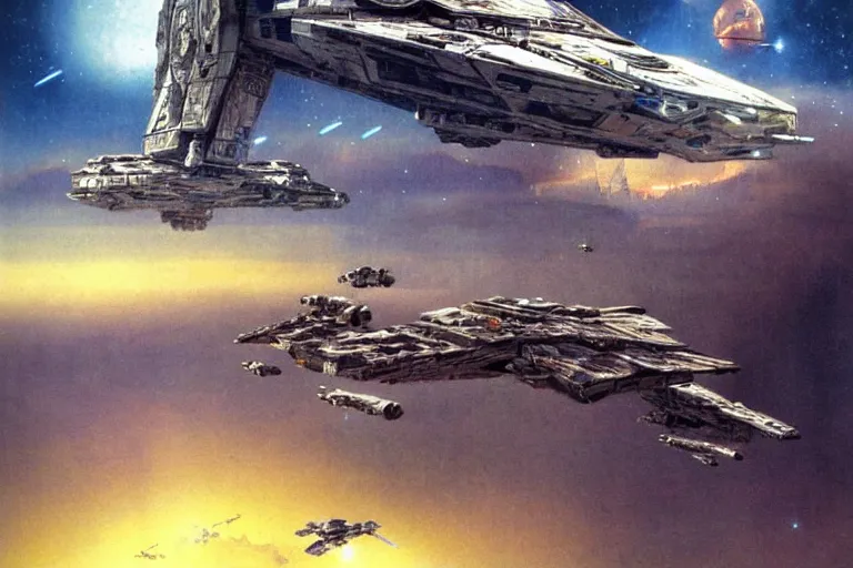 Prompt: star wars art, hyper realistic, fantasy art, in the style of chris foss and alan lee, intricate, hyper detailed, smooth