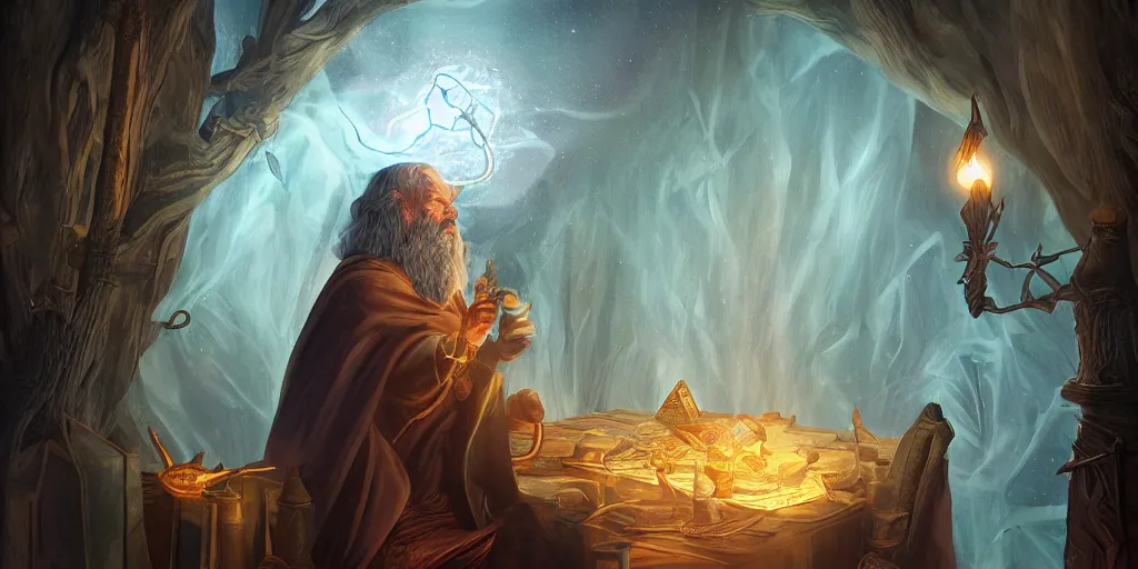 Image similar to wizard doing a tarot reading, cards, fantasy, digital art, soft lighting, 8 k, highly detailed