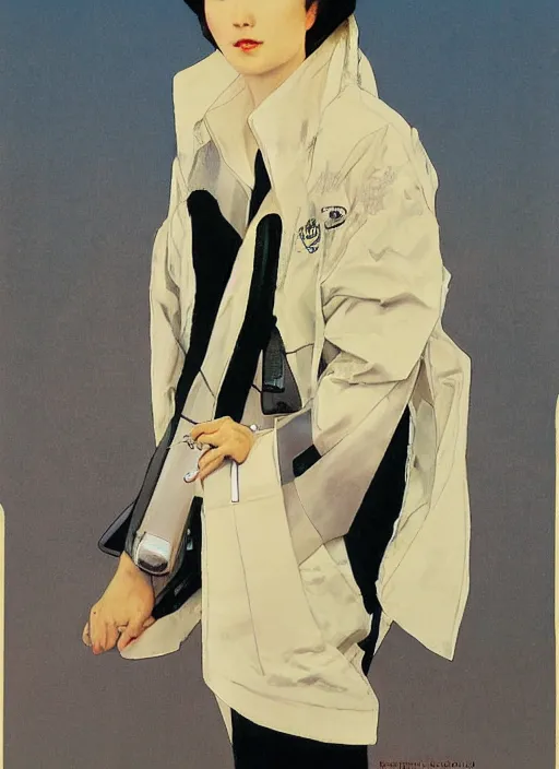 Image similar to a copic maker art nouveau portrait of a japanese pale woman wearing a futuristic balenciaga coat pilot suit with a puffy kimono by john berkey norman rockwell