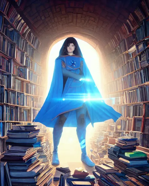 Image similar to highly detailed surreal vfx portrait of a female mage with a blue cape in a labyrinth of books, stephen bliss, unreal engine, greg rutkowski, loish, rhads, beeple, makoto shinkai and lois van baarle, ilya kuvshinov, rossdraws, tom bagshaw, alphonse mucha, global illumination, detailed and intricate environment