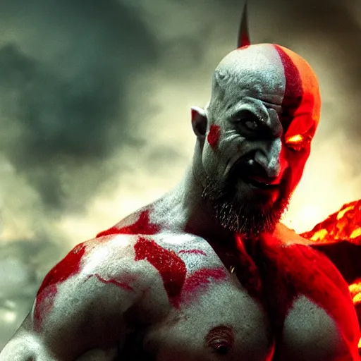 Prompt: film still of kratos as a demon in hell in the new batman movie, sharp focus, artstation