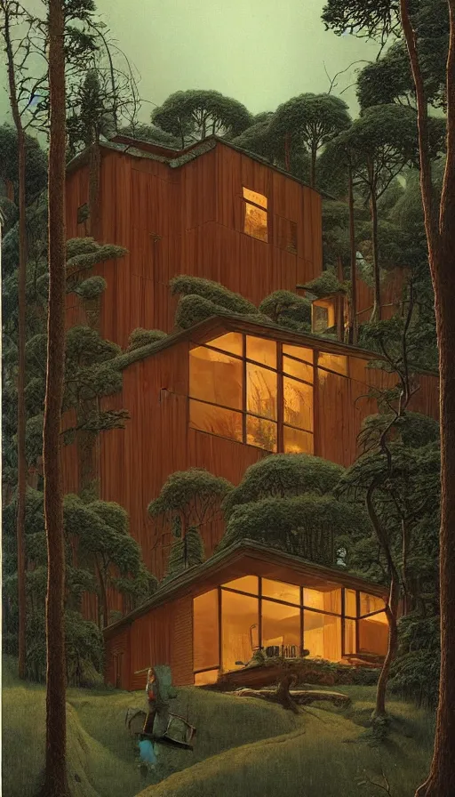 Image similar to cozy ultra modern home in the woods moody lighting, highly detailed, painting by zdzisław beksinski and norman rockwell and greg rutkowskiweta studio, and lucasfilm