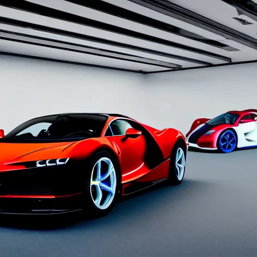 Image similar to still photo of bugatti chiron and ferrari laferrari hybrid, highly detailed, photorealistic portrait, bright studio setting, studio lighting, crisp quality and light reflections, unreal engine 5 quality render