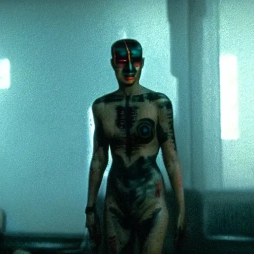 Image similar to cinematic portrait of a runaway replicant with tribal facepaint in an empty room, still from the movie bladerunner