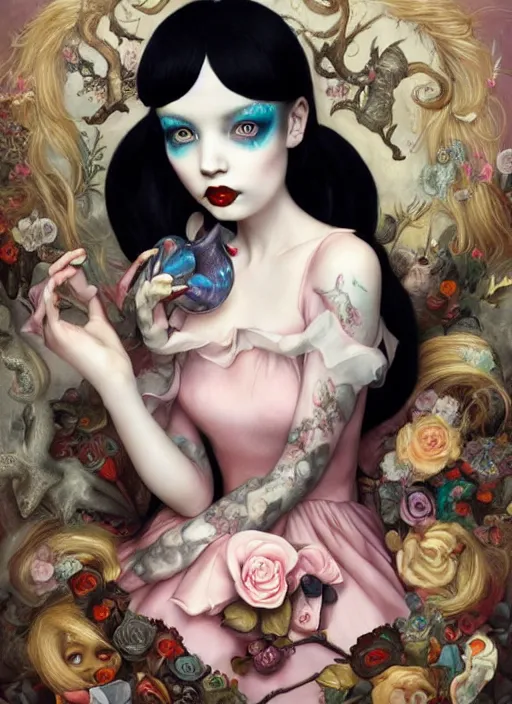 Image similar to pop surrealism, lowbrow art, realistic cute girl painting, japanese street fashion, hyper realism, muted colours, rococo, natalie shau, loreta lux, tom bagshaw, mark ryden, trevor brown style,