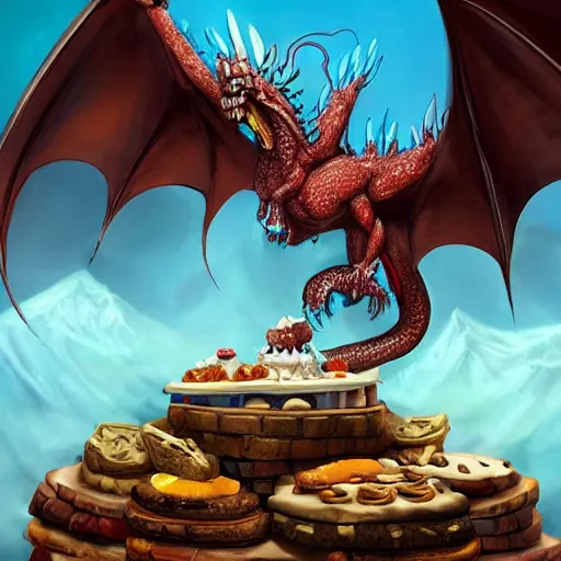 Prompt: a large dragon made of assorted desserts, perched on top of a hoard of cookies, highly detailed fantasy digital painting, artstation, concept art