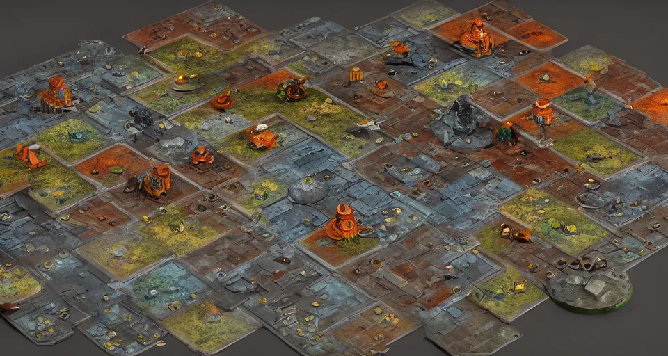 Image similar to Dungeons and Dragons top down dugeon tile, board game, maschinen krieger, ilm, beeple, iron smelting pits, high tech industrial, saturated colours