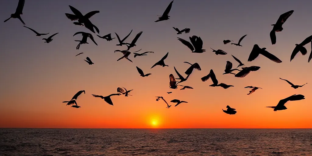 Image similar to seagulls flying over the ocean during the sunset, realistic