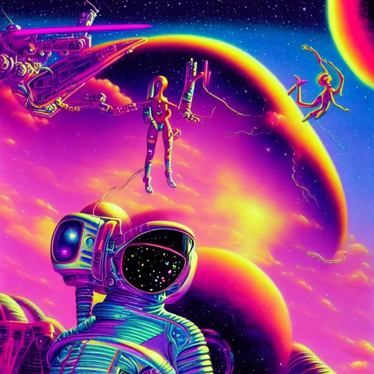 Image similar to cosmic astronaut girl, 2 0 yo, close - up, synthwave, bright neon colors, highly detailed, cinematic, tim white, roger dean, michael whelan, jim burns, bob eggleton, philippe druillet, vladimir kush, kubrick, alfred kelsner, vallejo