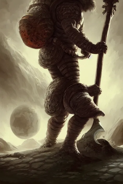 Image similar to Giant with an axe walking on the moon, fantasy, intricate, highly detailed, digital painting, HQ, trending on artstation, illustration, Magic the Gathering artwork