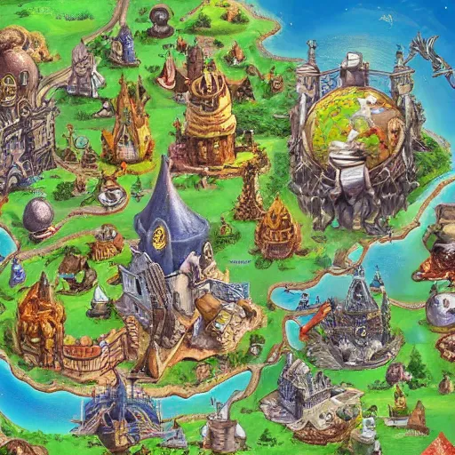 Prompt: google maps satellite image of a magical discworld with many continents like a pokemon sword and shield map.