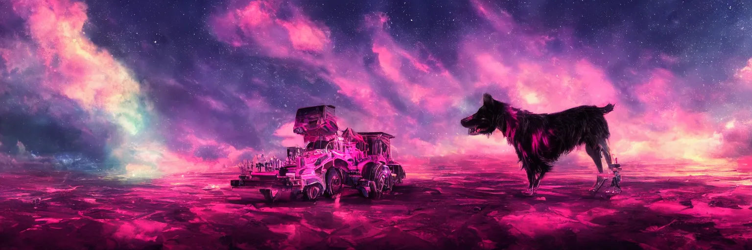 Prompt: hyperdetailed illustration, portrait big dark dog, mohawk, stars, pink, big train in space, pirate neon ship, neon, oil painting, rich deep colors masterpiece, ultra detailed, contrast, heaven pink, clouds, volumetric light, atmospheric lighting, dramatic, cinematic, moody, octane render 4 k, 8 k