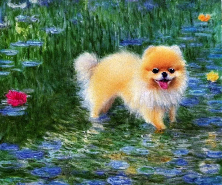 Image similar to pomeranian, cute, monet, water painting