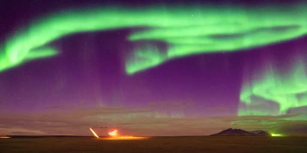 Prompt: the rocket ship on the silk road, laser falling from the sky, aurora borealis in the sky