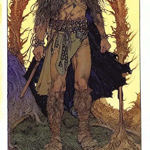 Image similar to a realistic and atmospheric portrait of harrison ford as a druidic warrior wizard looking at the camera with an intelligent gaze by rebecca guay, michael kaluta, charles vess and jean moebius giraud