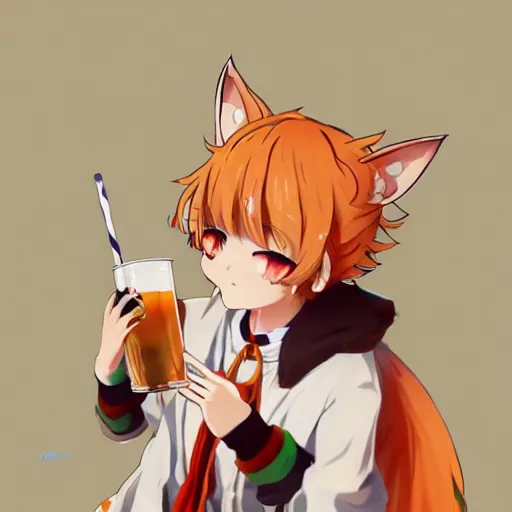 Image similar to senko-san very very beautiful anime kitsune foxgirl drinks beer trending on pixiv trending on artstation orange hair orange tail