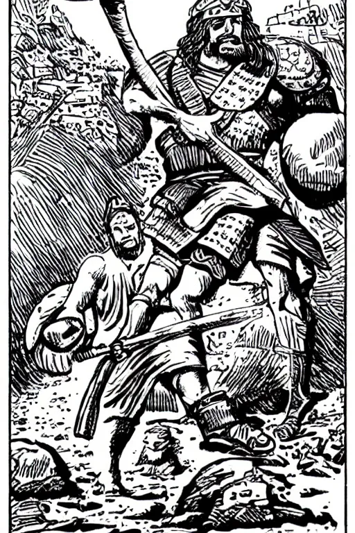 Image similar to ancient historically accurate depiction of the Bible Character Goliath of Gath, the Philistine warrior giant by mcbess