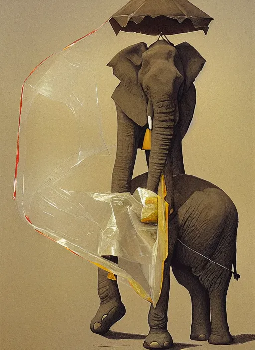 Prompt: elephant in a translucent dress made from plastic bag with paper bags for clothes standing inside paper bags with paper bag over the head at store display Edward Hopper and James Gilleard, Zdzislaw Beksinski, highly detailed